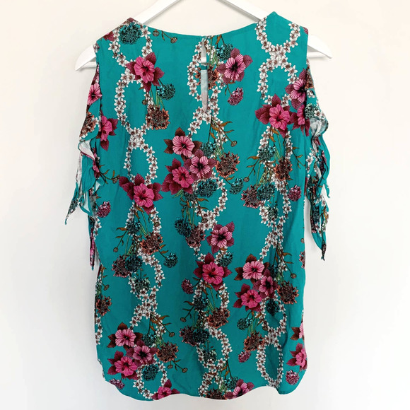Sandro Teal Cold Shoulder Floral Print Blouse - Picture 6 of 11